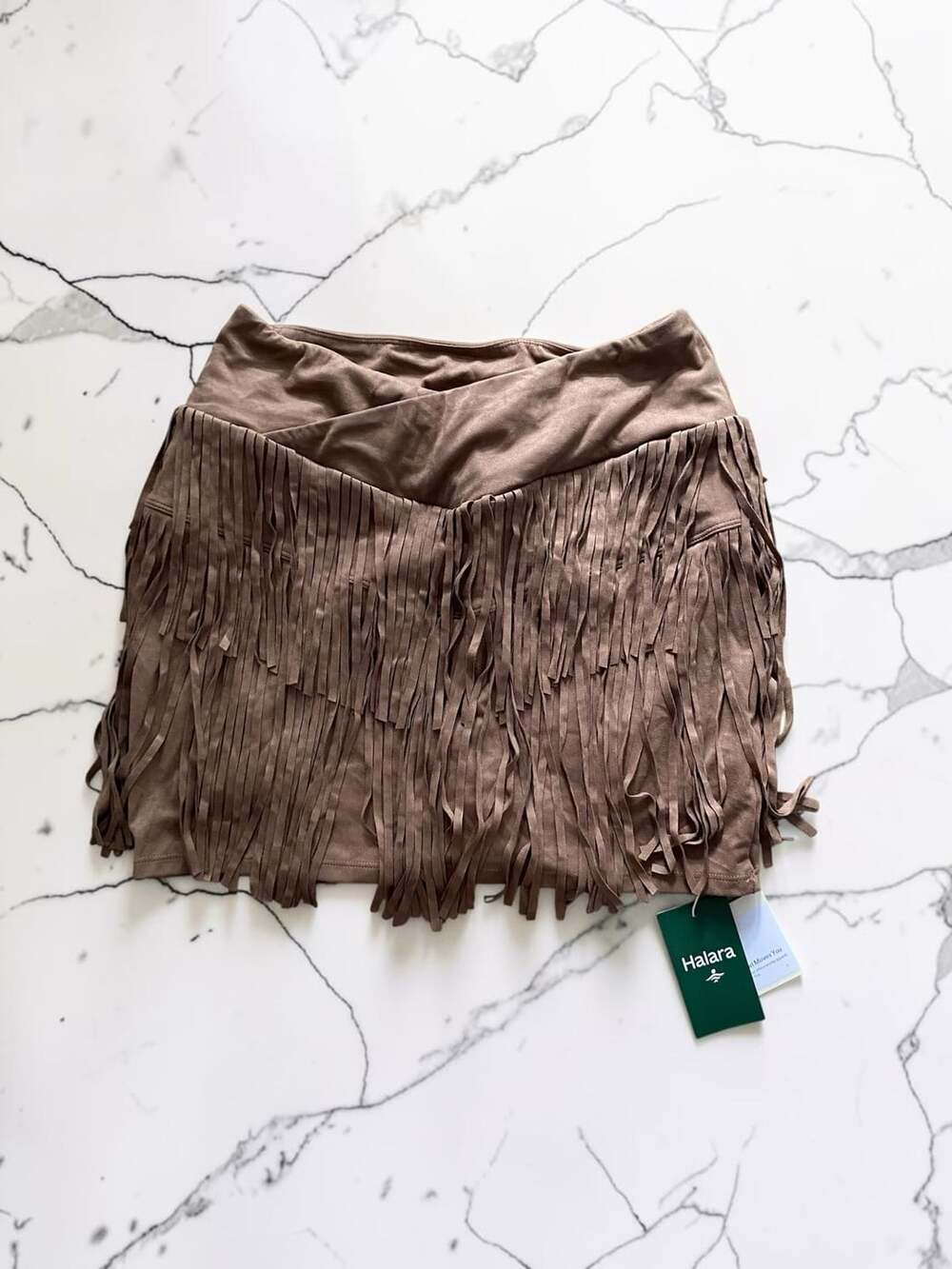 Halara Crossover High Waisted 2-in-1 Fringe Hem Suede Skirt